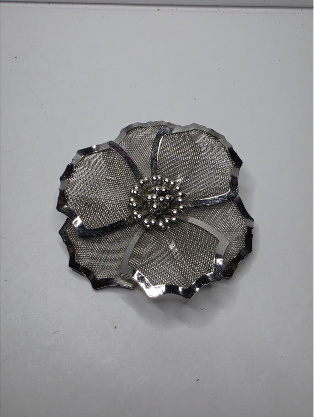 Vintage Signed BED Silver Tone Mesh Flower Brooch Pin 1950's-1960's MCM